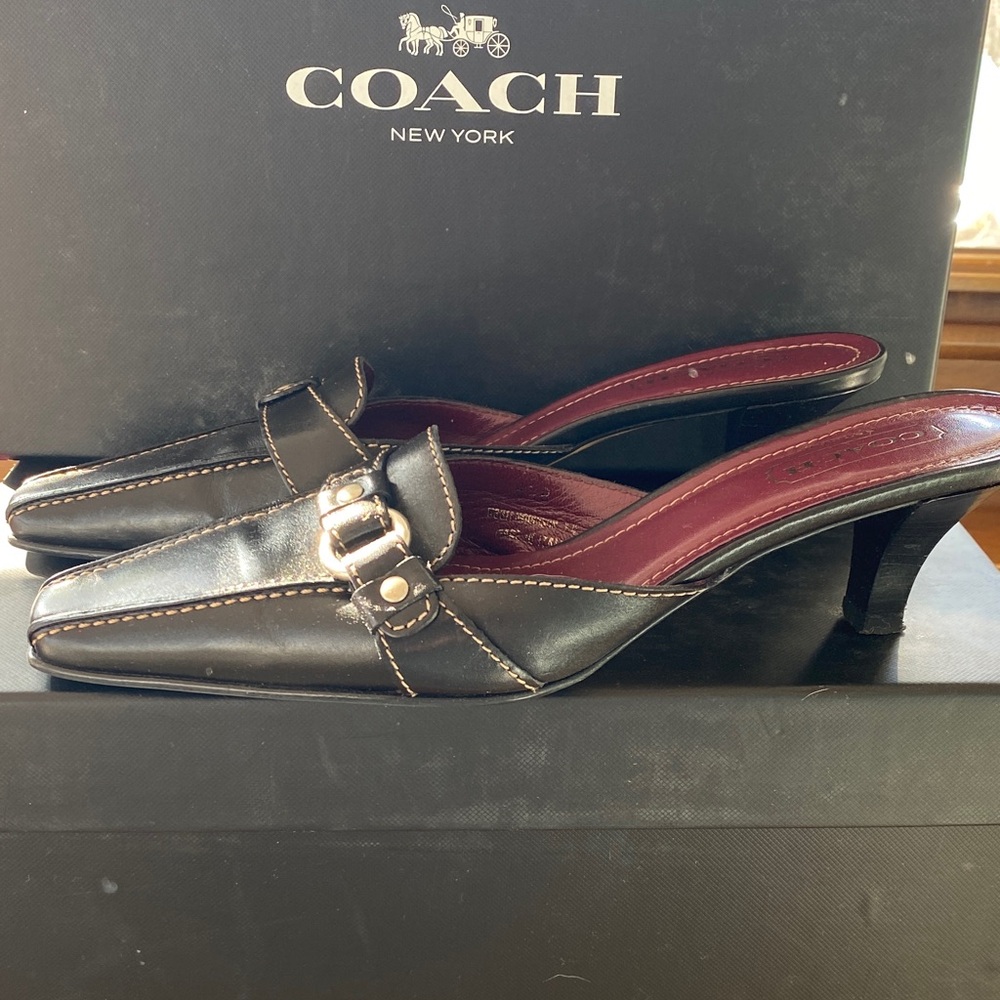 Coach Black Leather Pointed Toe Mules with Burgundy Insole